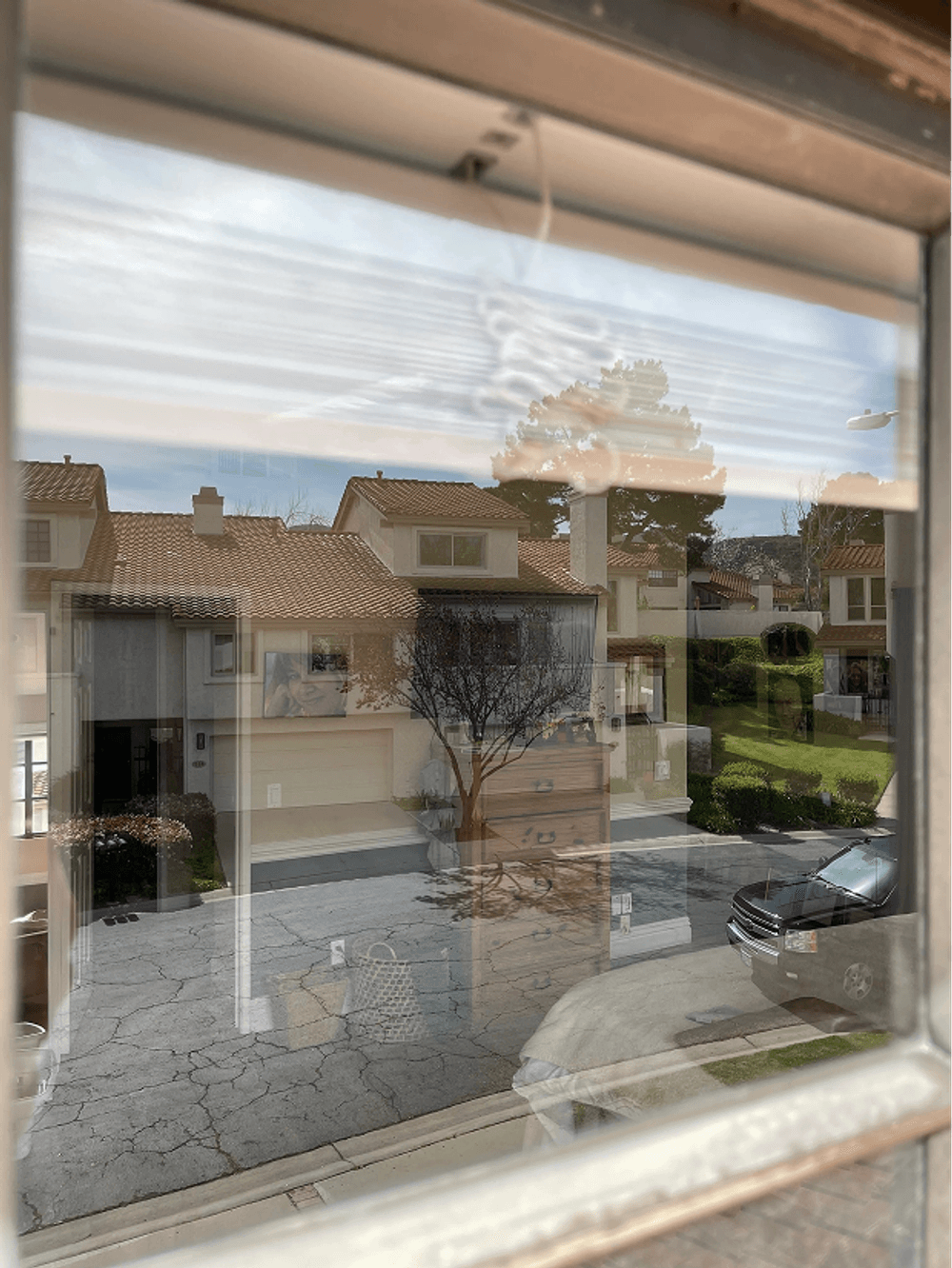 Reflection of homes and a tree in a window, capturing a serene suburban scene.